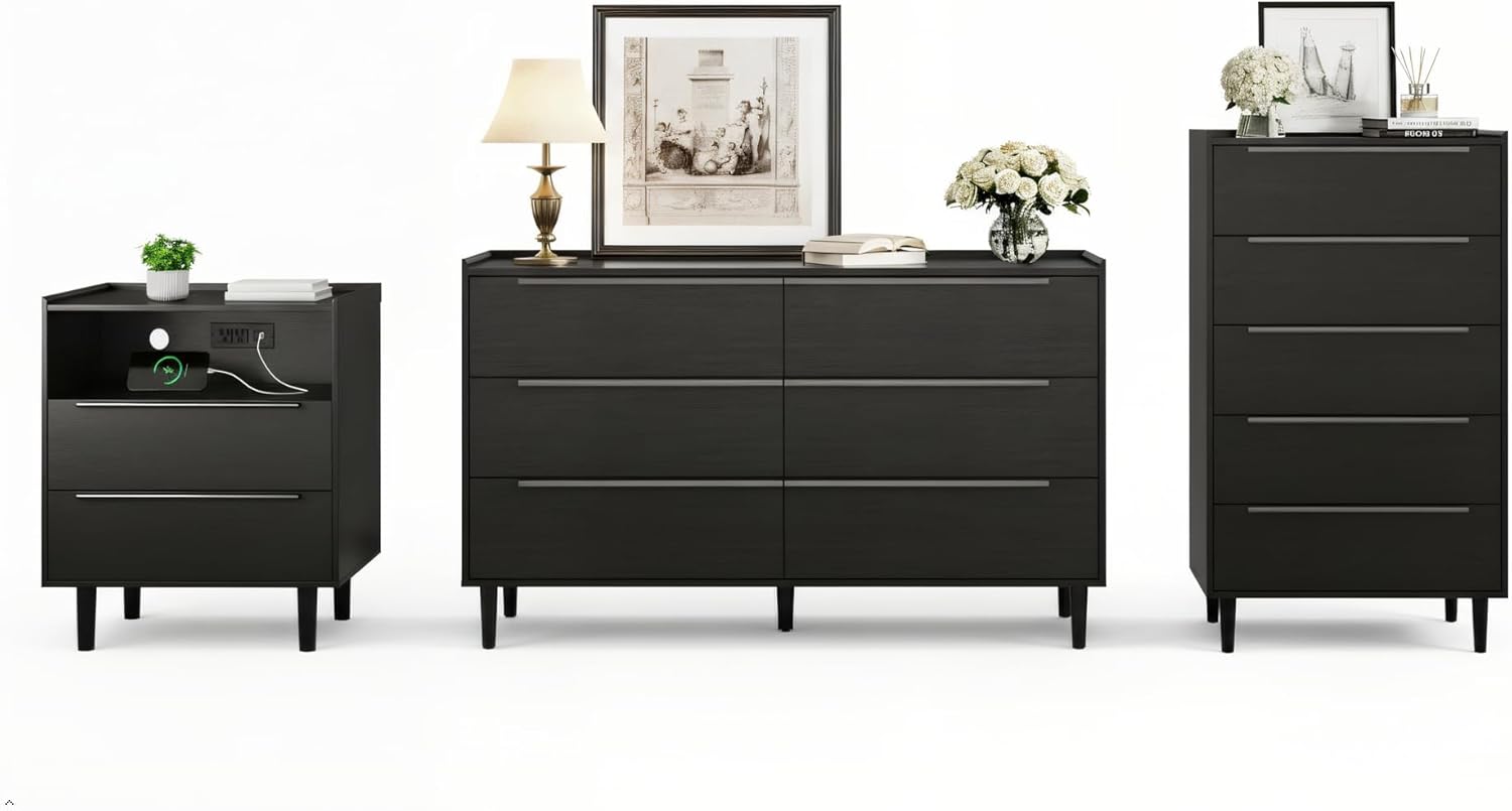 54" Wide Black Dresser for Bedroom, Modern 6 Drawer Double Dresser with Wood Grain Finish, Large Horizontal Chest of Drawers & TV Stand with Anti-Slip Raised Edge, Sleek Storage for Living Room