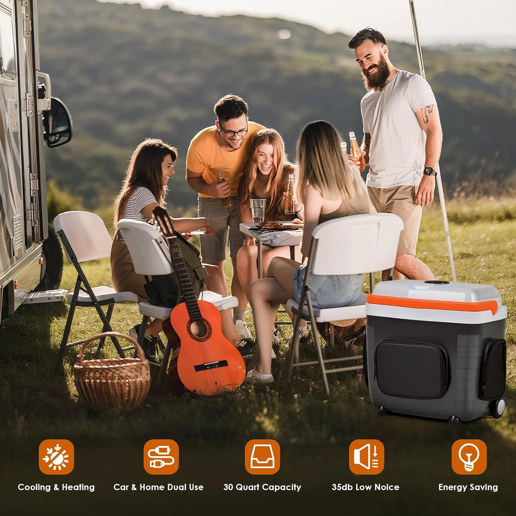 Kikihuose 12V Car Refrigerator 32 Qt (30L) Electric Cooler/Warmer with Pockets, Ice Pack Divider, Removable Lid, Wheels,Thermoelectric Fridge for Travel Camping Vehicles Truck Home, 120V AC
