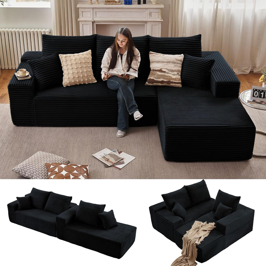 96" Modular Sectional Sofa, Modern Corduroy Cloud Couch with Deep Seat, Boneless Couch Upholstered 3-Seater L-Shaped Sofa for Living Room, No Assembly Required (Black, Right-Facing Chaise)