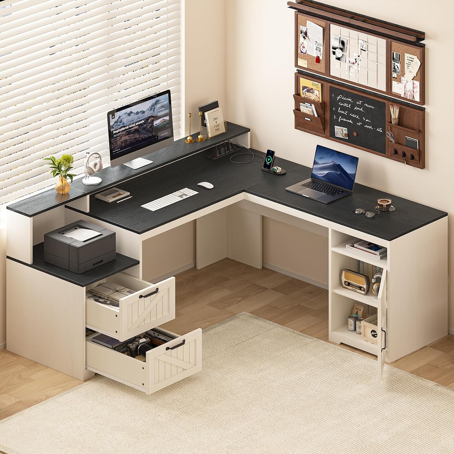 63" Farmhouse L Shaped Executive Desk with Drawers & Storage Shelf, Corner Computer Desk with Power Outlets, L Shaped Office Desk with Monitor Stand, Printer Shelf, Black and White