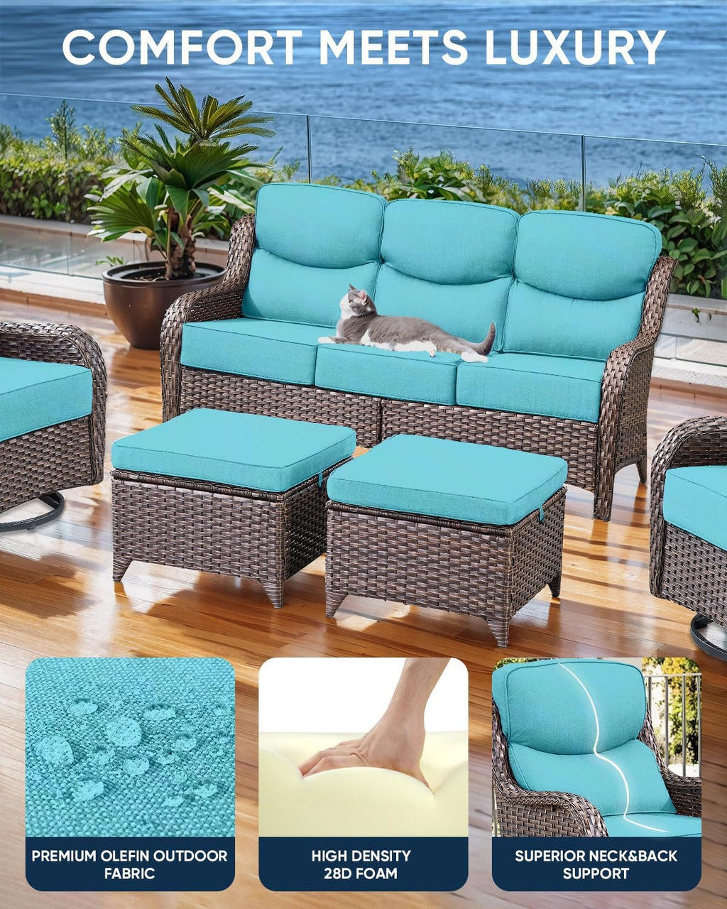 Luxury 24x24x6 Inch Smile Outdoor Cushions - 1 Set Deep Seat Water-Resistant Patio Furniture Replacement Cushion for Wicker Wood Metal Chair Glider Rocker Loveseat Sofa - Turquoise