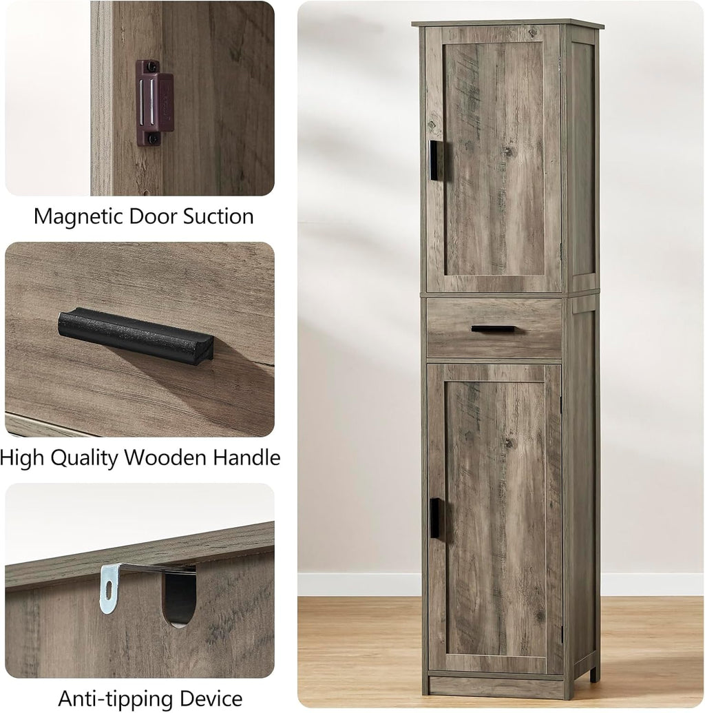 usikey 67'' Tall Storage Cabinet, Narrow Bathroom Floor Storage Cabinet with 4 Shelves & 2 Doors, for Bathroom, Living Room, Rustic Gray UNSNG040M