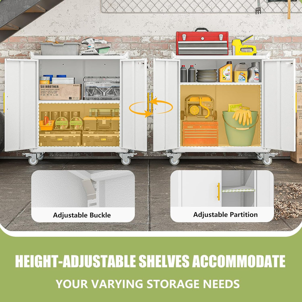 Metal Storage Cabinet with Wheels,Rolling Tool Cabinets with Doors and Adjustable Shelves,Lockable Garage Storage Cabinet,Heavy Duty Tool Chest for Home Office Utility Room,Assembly Required,White
