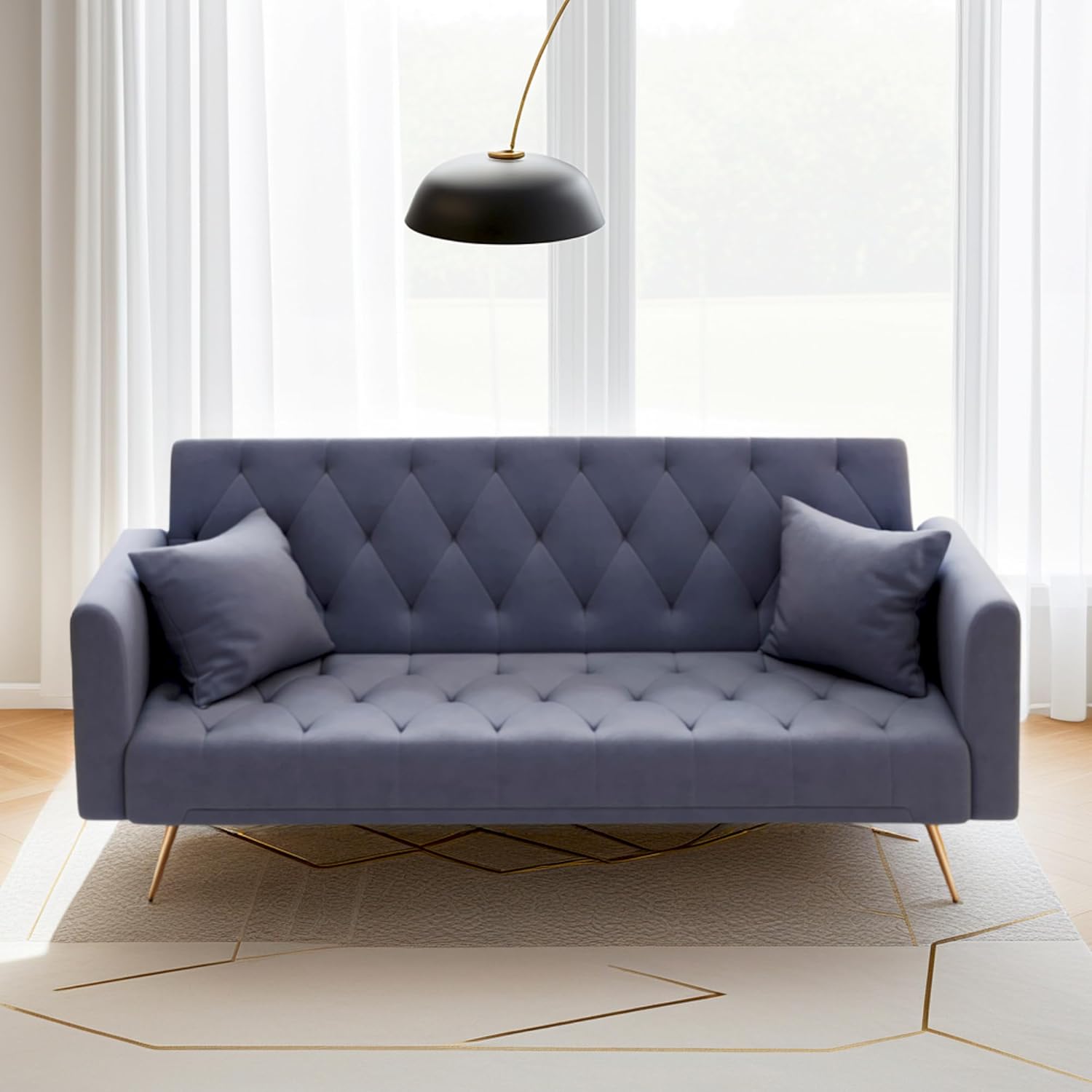 72"Modern Velvet Sofa Bed Futon,Convertible Folding Sleeper Bed Couches with 3 Adjustable Backrests,Tufted Recliner Loveseat with Golden Chrome Legs for Small Living Room Office (Dark Grey+pillows)