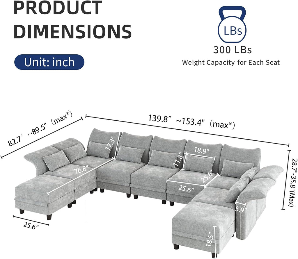 LLappuil 154" Oversized Modular Sectional Sofa with Storage 9 Seat U Shaped Sectional Couches for Living Room with Adjustable Arms Backs, Convertible to L Shape/U Shape/Sleeper Sofa, Grey Chenille