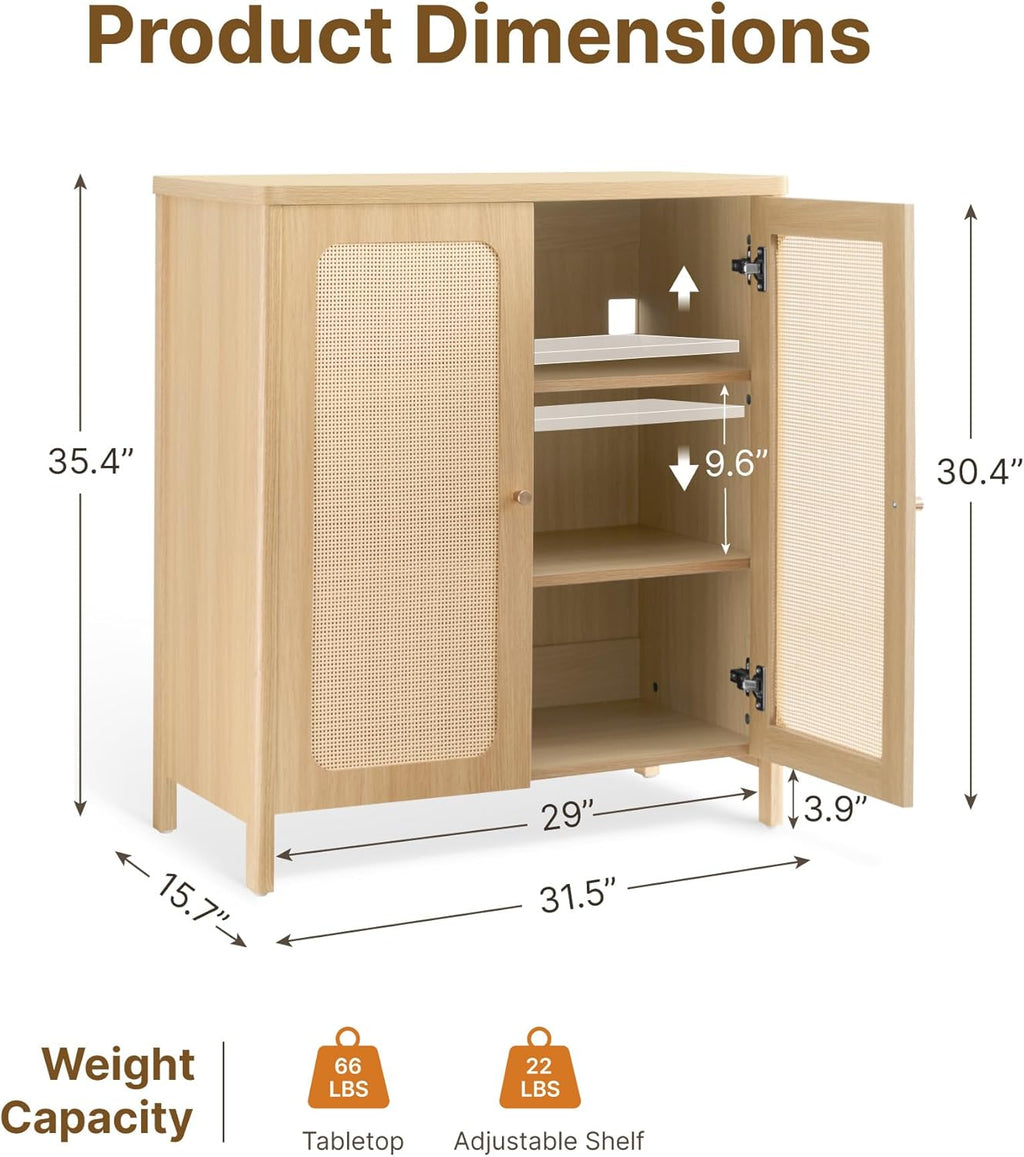 2 PCS Rattan Sideboard Buffet Cabinet 2 Door Boho Kitchen Storage Cabinet Accent Console for Living Room, Hallway, Kitchen, Sideboard, Buffet Table Natural Oak
