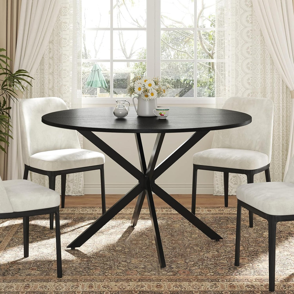 Unovivy 47 Inch Round Dining Table for 4, Space Saving Circle Dining Table with Pedestal Metal Frame, Industrail Modern Round Kitchen Table for Living & Dining Room, Black