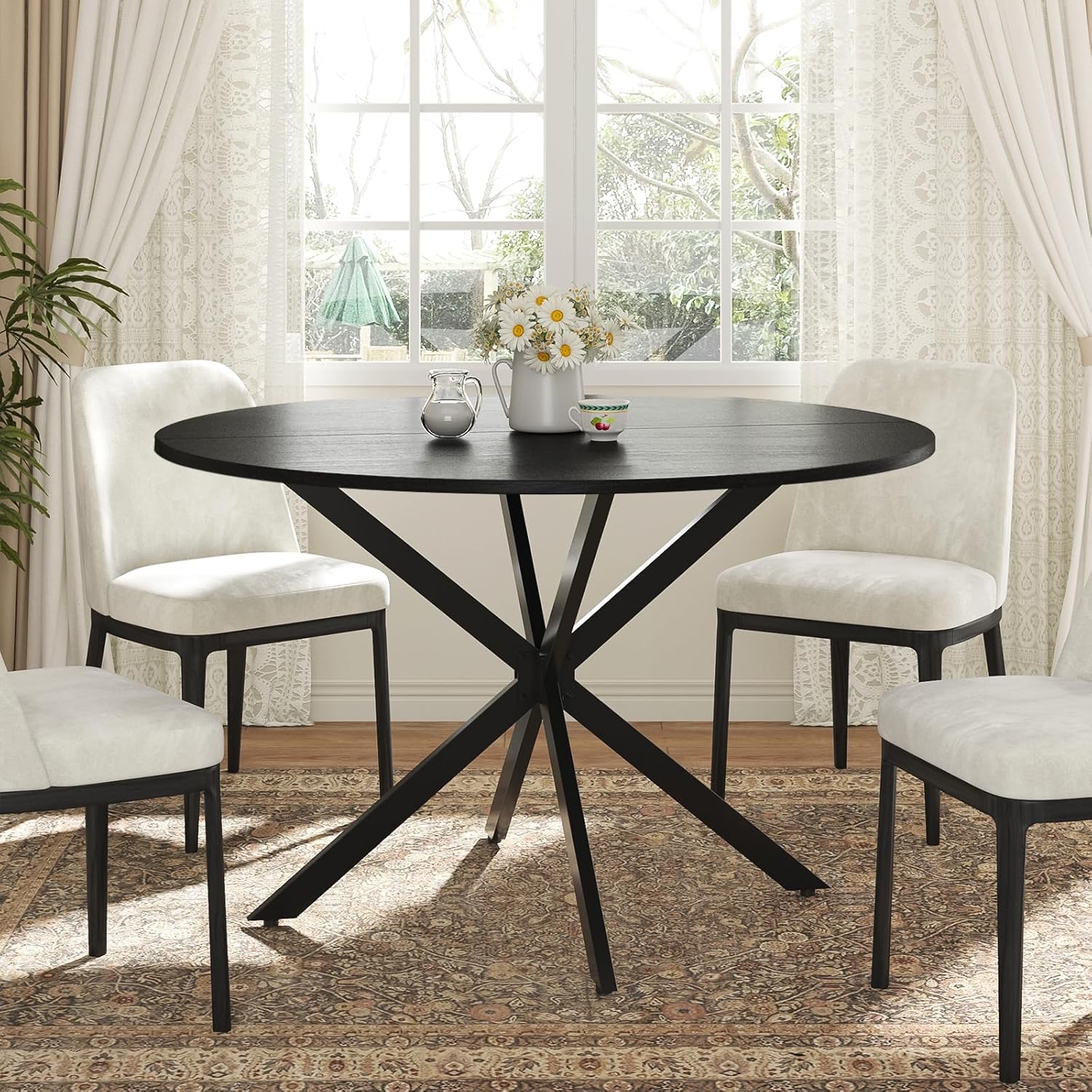 Unovivy 47 Inch Round Dining Table for 4, Space Saving Circle Dining Table with Pedestal Metal Frame, Industrail Modern Round Kitchen Table for Living & Dining Room, Black