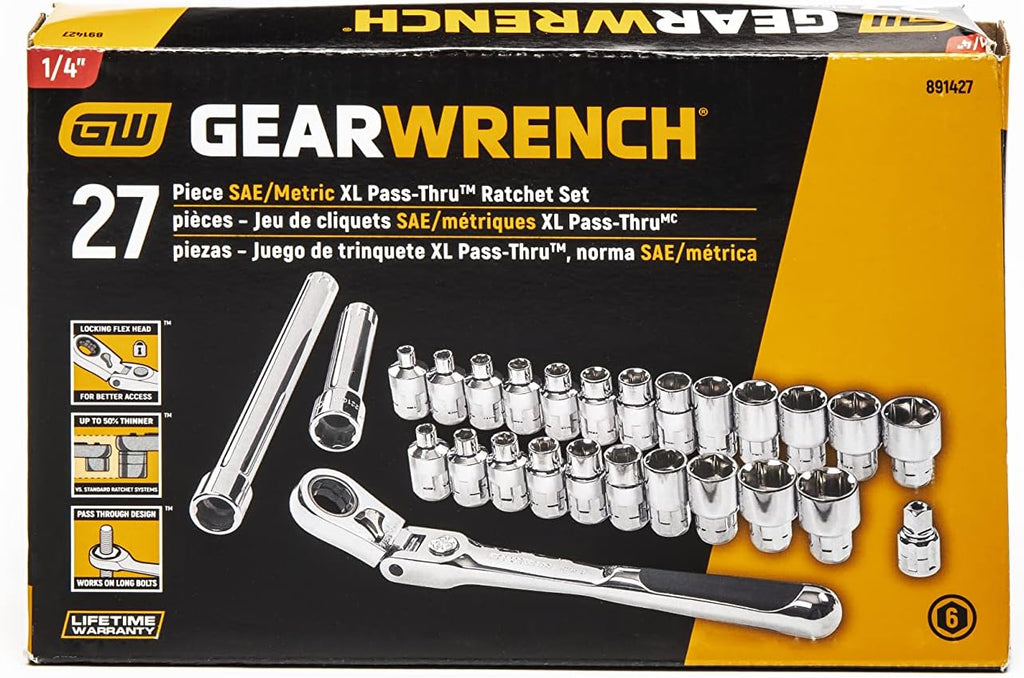 GEARWRENCH 27 Pc. 1/4" Drive 6 Pt. Pass-Thru Mechanics Tool Set, Standard SAE/Metric - 891427