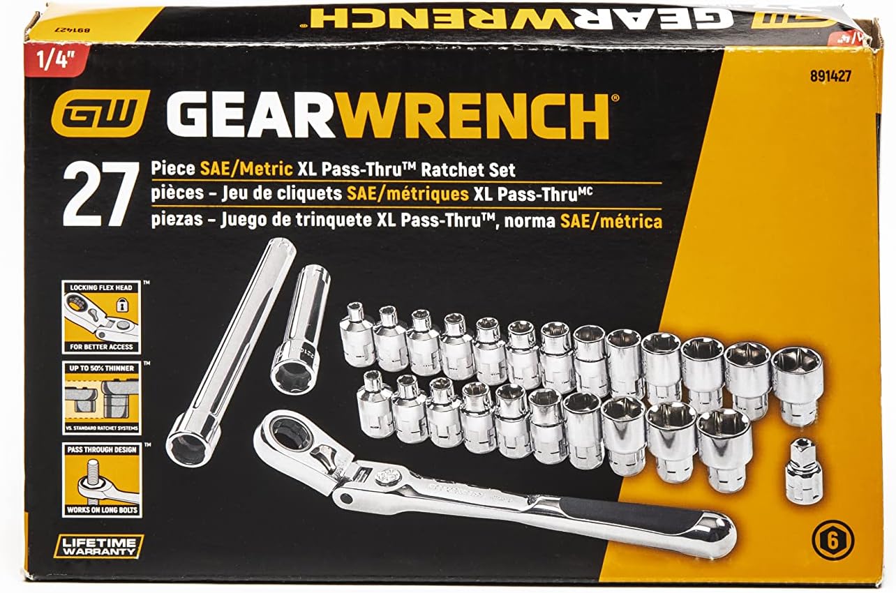 GEARWRENCH 27 Pc. 1/4" Drive 6 Pt. Pass-Thru Mechanics Tool Set, Standard SAE/Metric - 891427