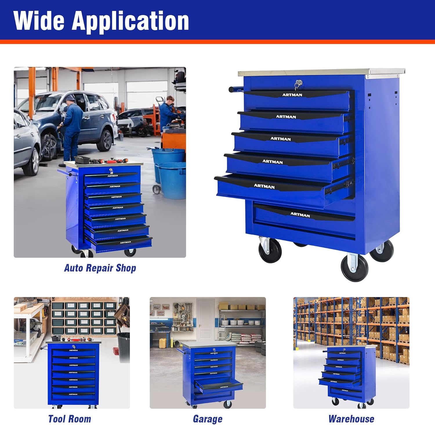 7 Drawers Tool Cart on Wheels with Stainless Steel Worktop, Heavy Duty Mobile Rolling Drawer Tool Chest with Locking Wheels & Lockable Drawers, Garage Tool Storage Cabinet (Blue, 7 Drawers)