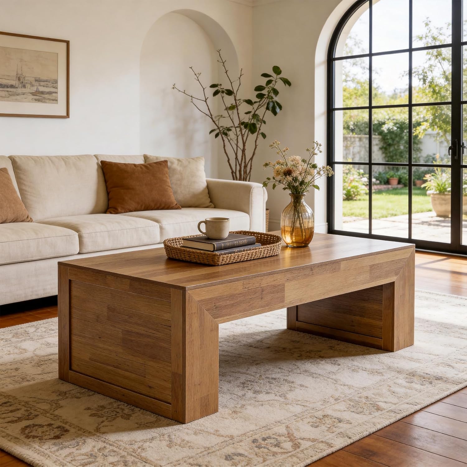 Tribesigns 47-Inch Farmhouse Coffee Table, Wooden Rectangular Center Table with Thick Base, Modern Cocktail Tea Furniture for Living Room (Oak Brown)