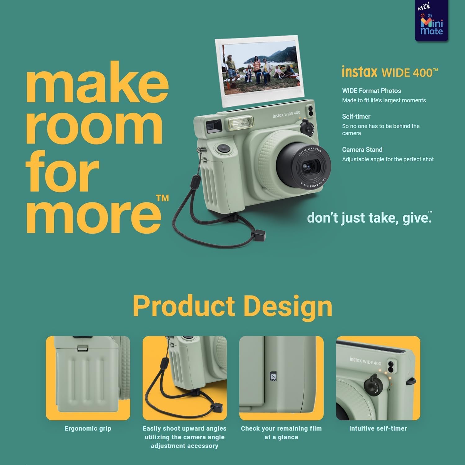 Fujifilm INSTAX Wide 400 Instant Camera - Sage Green with Pixibytes Microfiber Cleaning Cloth (Camera + 2 Wide Twin Packs)