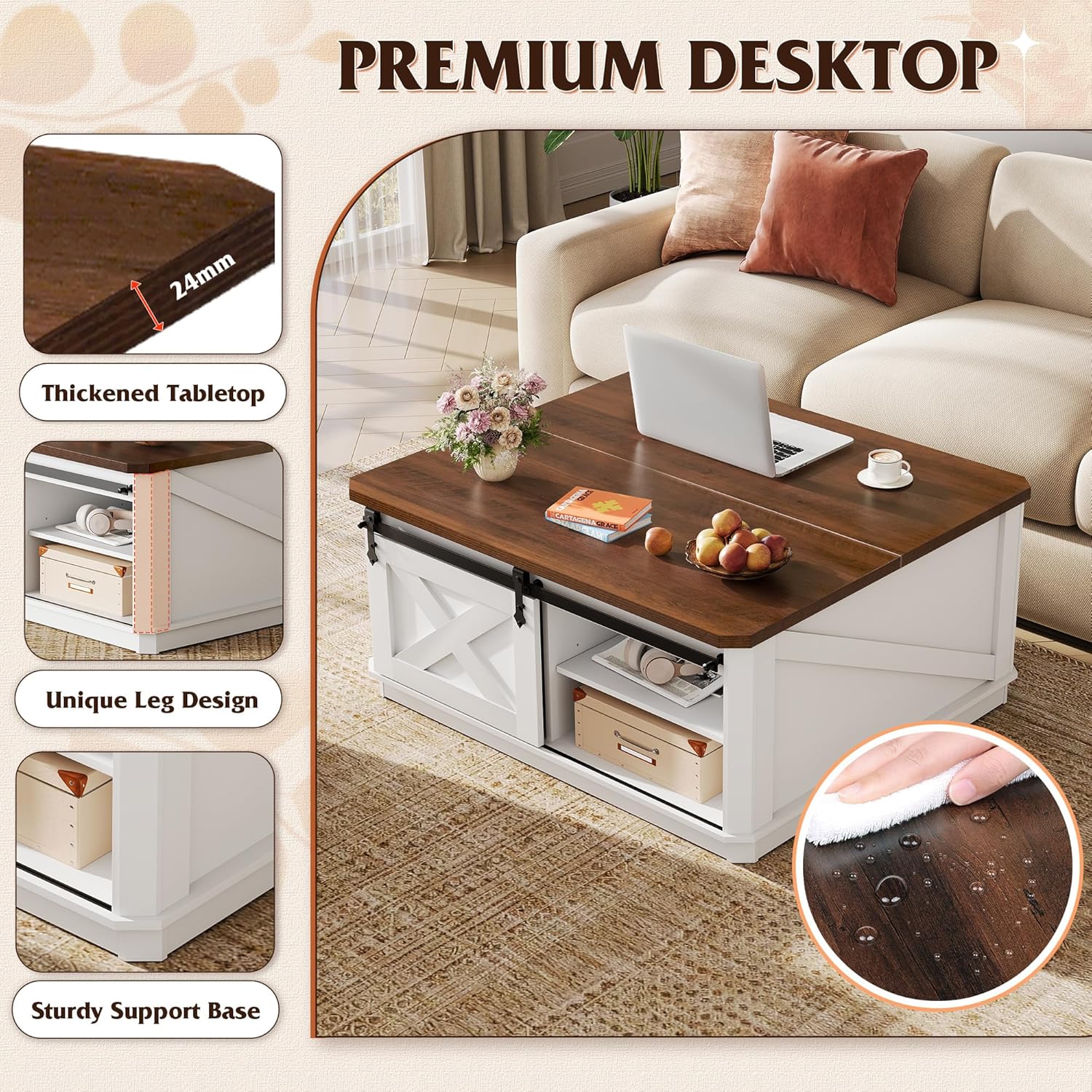 WLIVE Framhouse Coffee Table with Storage, 35.5" Lift Top Coffee Table for Living Room, Square Center Table, Rustic Cocktail Table with Sliding Barn Doors, Curevd Base, White