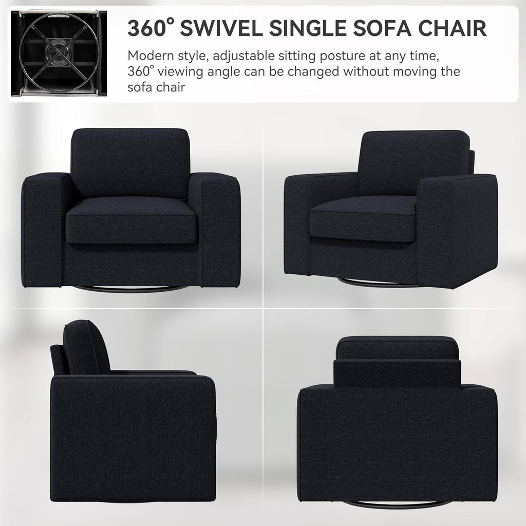 Swivel Accent Sofa Chair Set of 2, 360 Degree Rotation 36'' Width Oversized Wingback Armchair Linen Fabric Single Thick Cushion Soft Living Room, Office Black