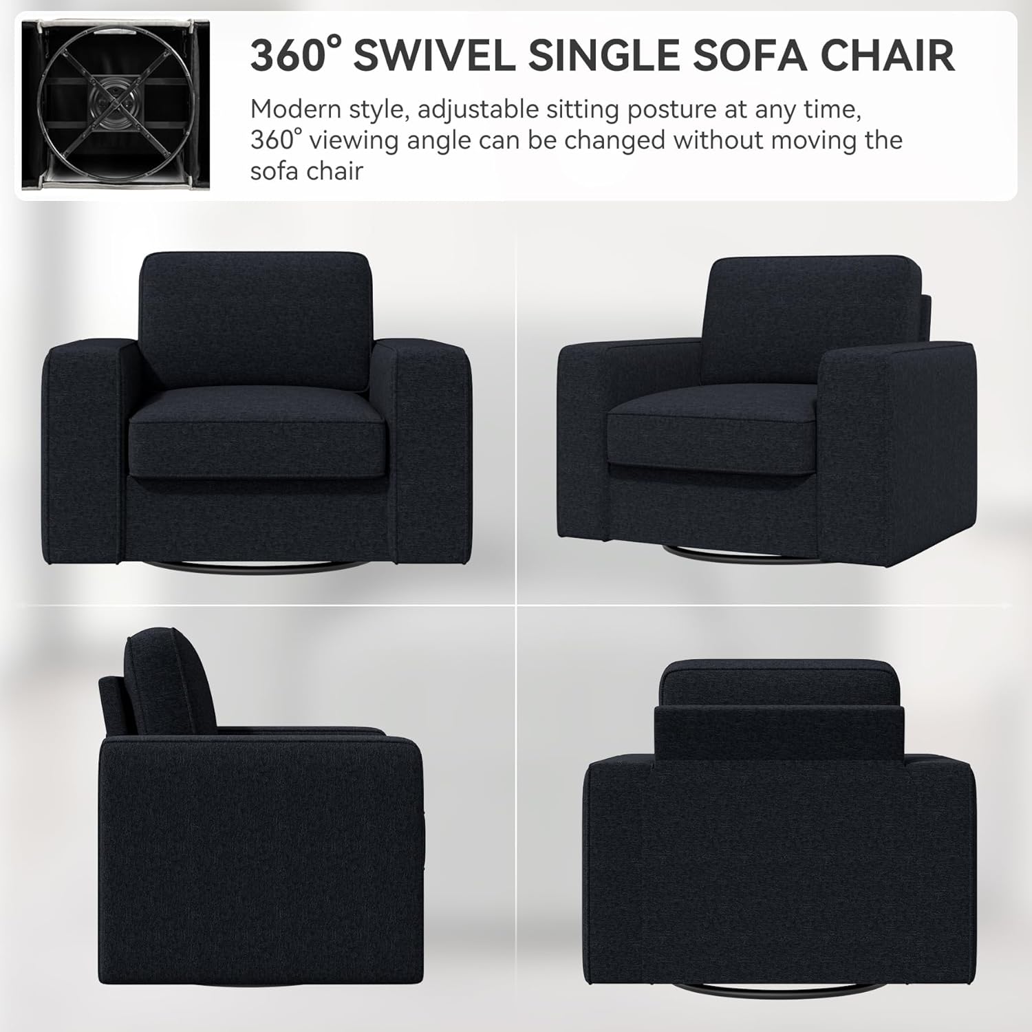 Swivel Accent Sofa Chair Set of 2, 360 Degree Rotation 36'' Width Oversized Wingback Armchair Linen Fabric Single Thick Cushion Soft Living Room, Office Black