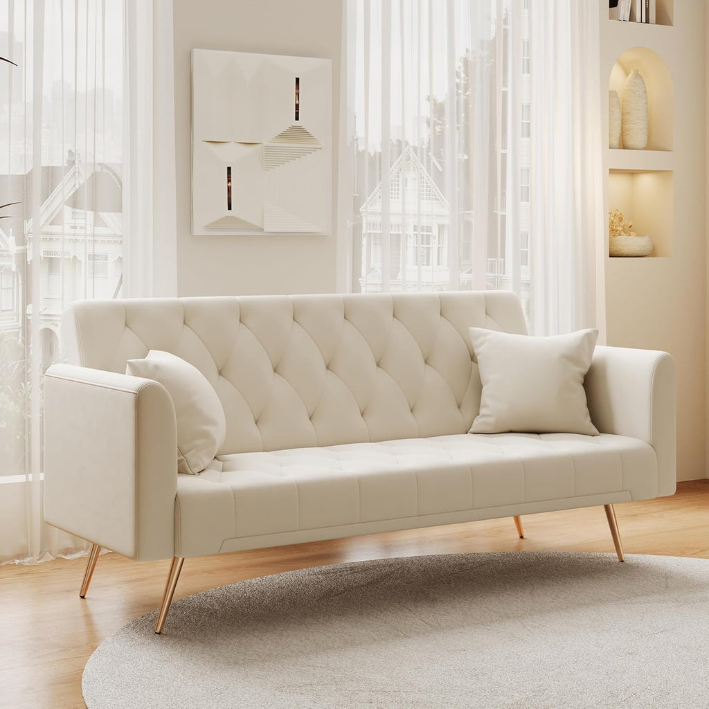 Anwick 72''Modern Velvet Sofa Bed Futon,Convertible Folding Sleeper Couches with 3 Adjustable Backrests,Tufted Recliner Love Seat Golden Chrome Legs for Living Room Apartment Home Office (Beige)