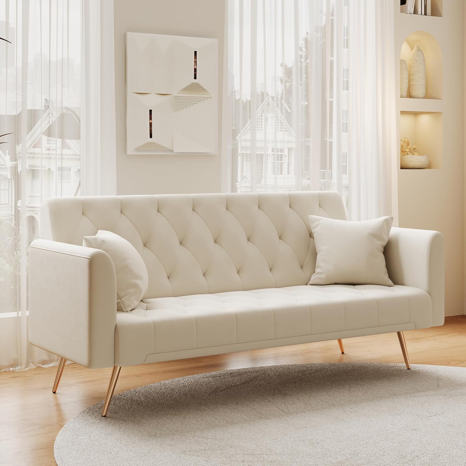 Anwick 72''Modern Velvet Sofa Bed Futon,Convertible Folding Sleeper Couches with 3 Adjustable Backrests,Tufted Recliner Love Seat Golden Chrome Legs for Living Room Apartment Home Office (Beige)