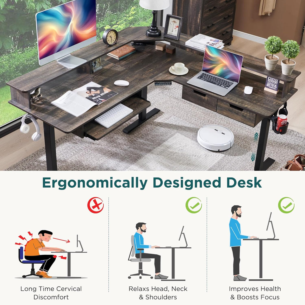 RedLemon L-Shaped Electric Standing Desk, 60 inches Motor Height Adjustable Sit Stand Corner Desk with Led, Large Home Office Desk Computer Workstation, Dark Rustic Oak