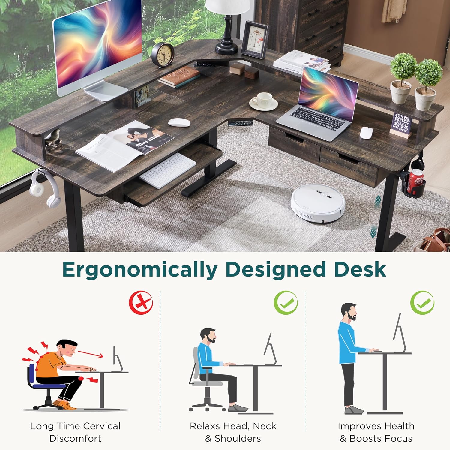 RedLemon L-Shaped Electric Standing Desk, 60 inches Motor Height Adjustable Sit Stand Corner Desk with Led, Large Home Office Desk Computer Workstation, Dark Rustic Oak