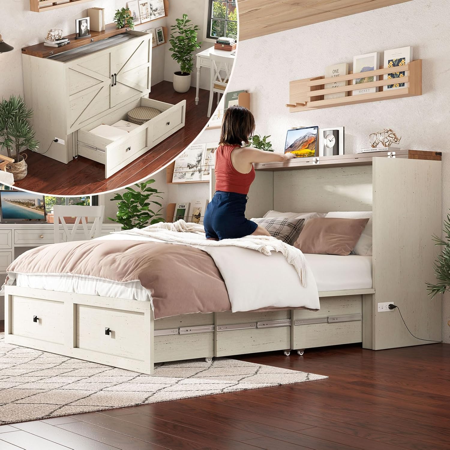 AMERLIFE Queen Murphy Bed with Storage & Charging Station, Farmhouse Murphy Cabinet with Foldable Panel, Noisy Free, for Guest Bedroom, Living Room, Office, Distressed White