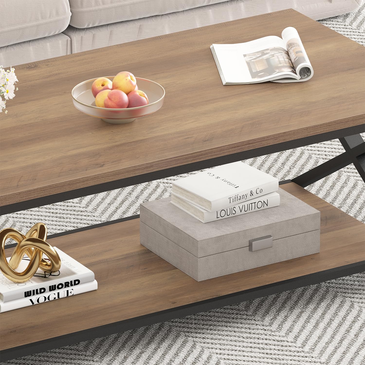 HSH Rustic Wood Coffee Table, Modern Farmhouse Living Room Table, Minimalist Center Table with Storage & Display Shelf, 2 Tier Simple Rectangle Cocktail Tea Table for Home Office Bedroom, 47 Inch