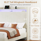 Queen Bed Frame with Tall Headboard, 55.3" Upholstered Platform Queen Size Bed Frame, Elegant Corduroy Wingback Bed with LED Lights & Charging Station, No Box Spring Needed, Solid Wood Slats, Cream