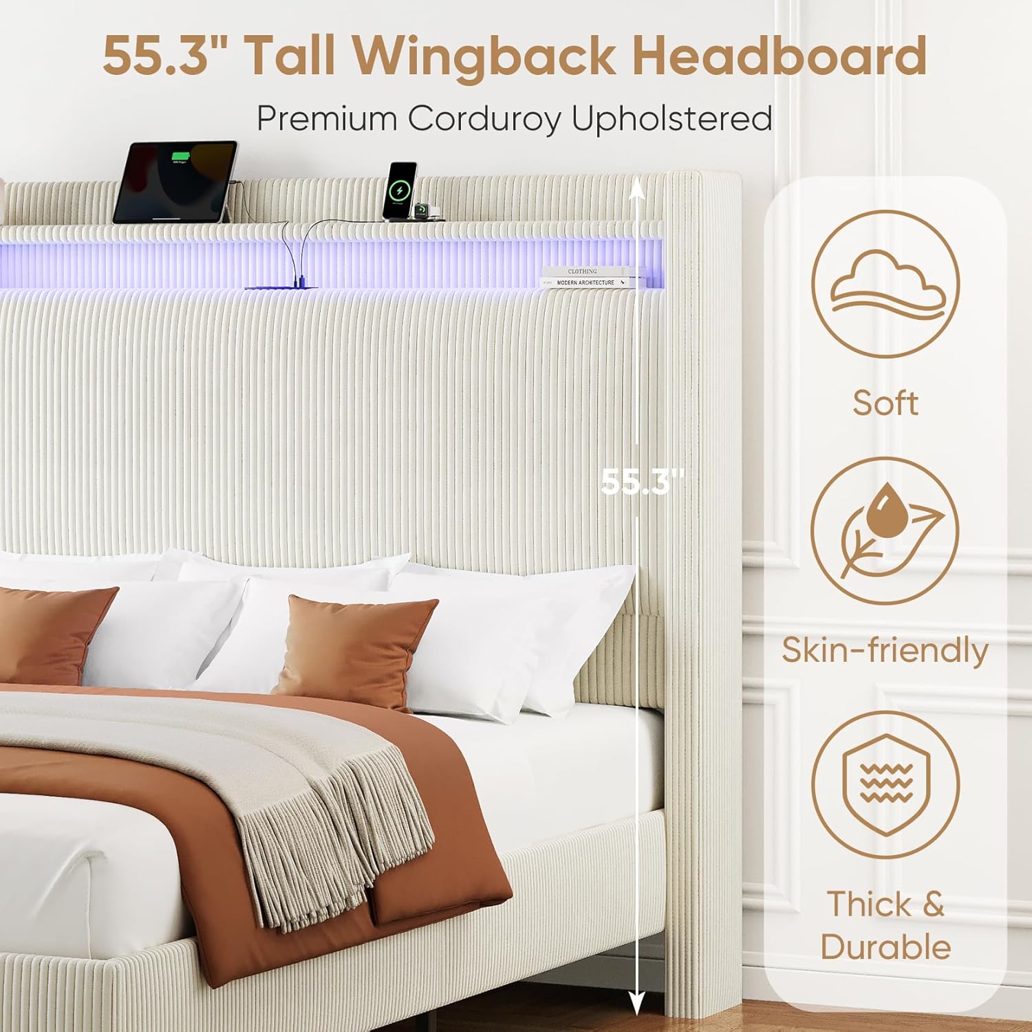 Queen Bed Frame with Tall Headboard, 55.3" Upholstered Platform Queen Size Bed Frame, Elegant Corduroy Wingback Bed with LED Lights & Charging Station, No Box Spring Needed, Solid Wood Slats, Cream