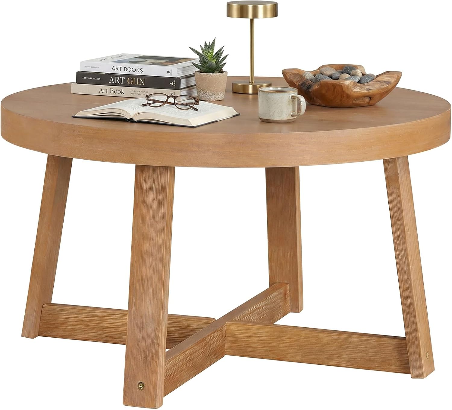 Giantex Round Coffee Table, 30" Wood Center Table with Thickened Tabletop & Cross-Shaped Pine Wood Frame, 220 lbs Capacity, Modern Living Room Table for Small Spaces, Natural
