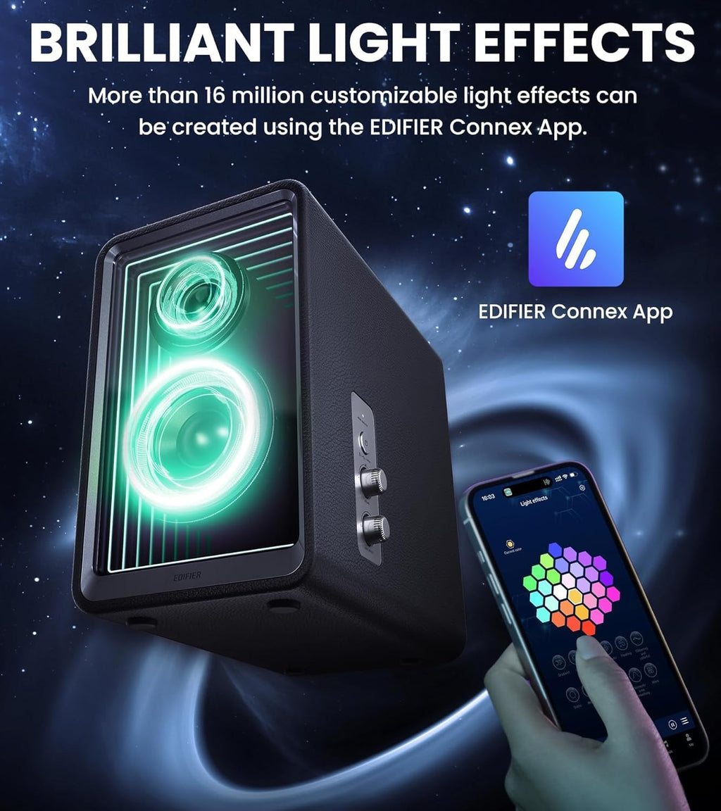Edifier QR65 Desktop Active Monitor with 2.75" Long-Throw Aluminum Diaphragm mid-Low Drivers  Hi-Res Audio  Brilliant Light Effects  70W Output Power Bluetooth Speakers with Stands - Black