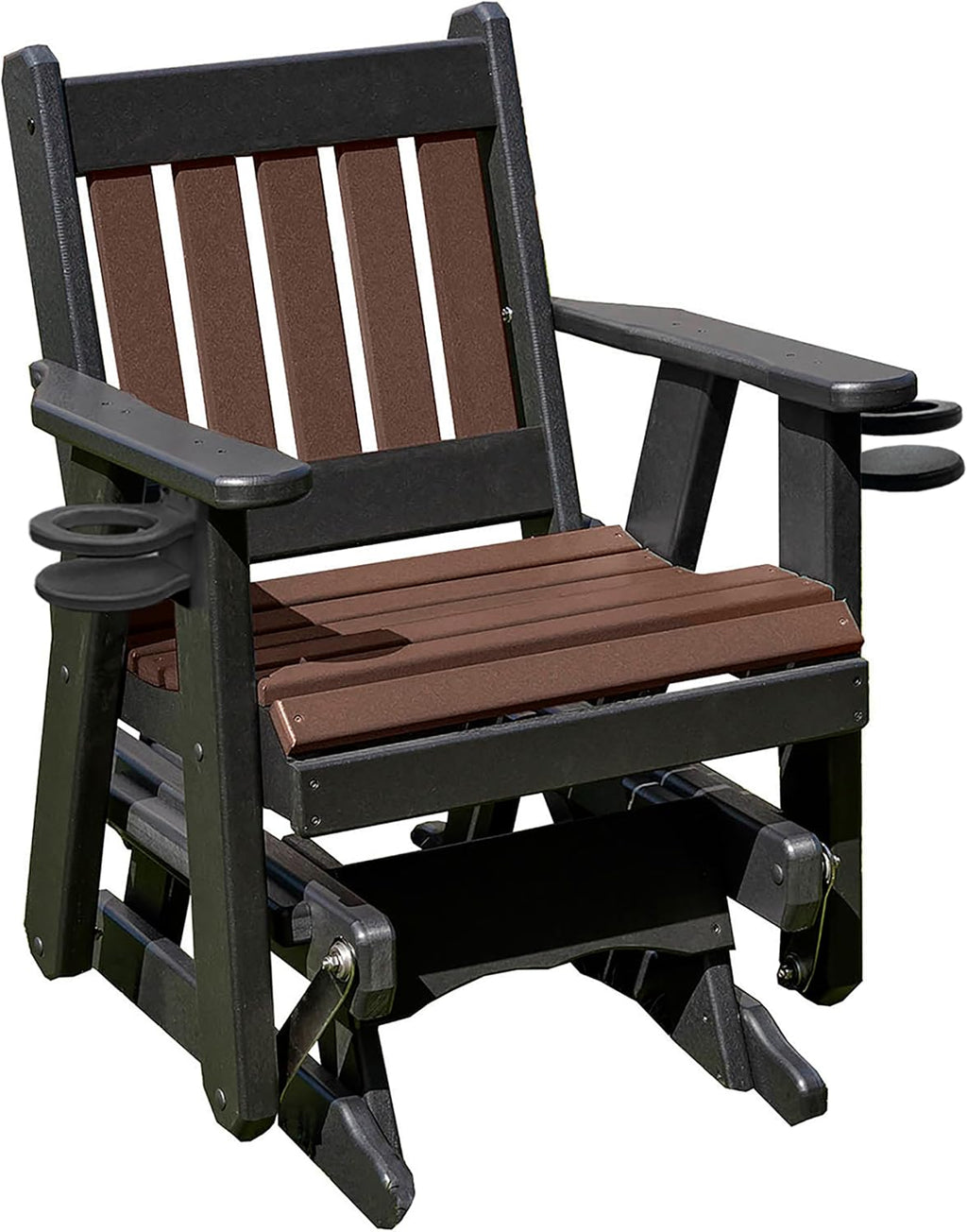 Ecommersify Amish Mission-Style Glider Chair - 2FT (Brown on Black) - Recycled HDPE Poly Lumber - Made in USA - Stainless Steel Outdoor Furniture - 500 lb Capacity with Cup Holders