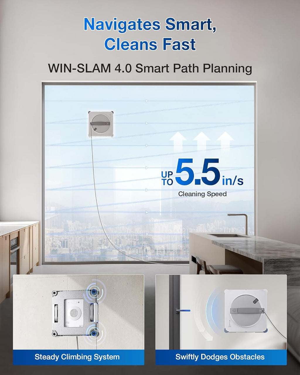 ECOVACS WINBOT W2S Window Cleaning Robot, Intelligent Edge-to-Edge Cleaning with TruEdge Scrubbers, 3 Water Nozzles, 10-Level Safety System, Win-SLAM 4.0 Route Planning, Even Climbing System