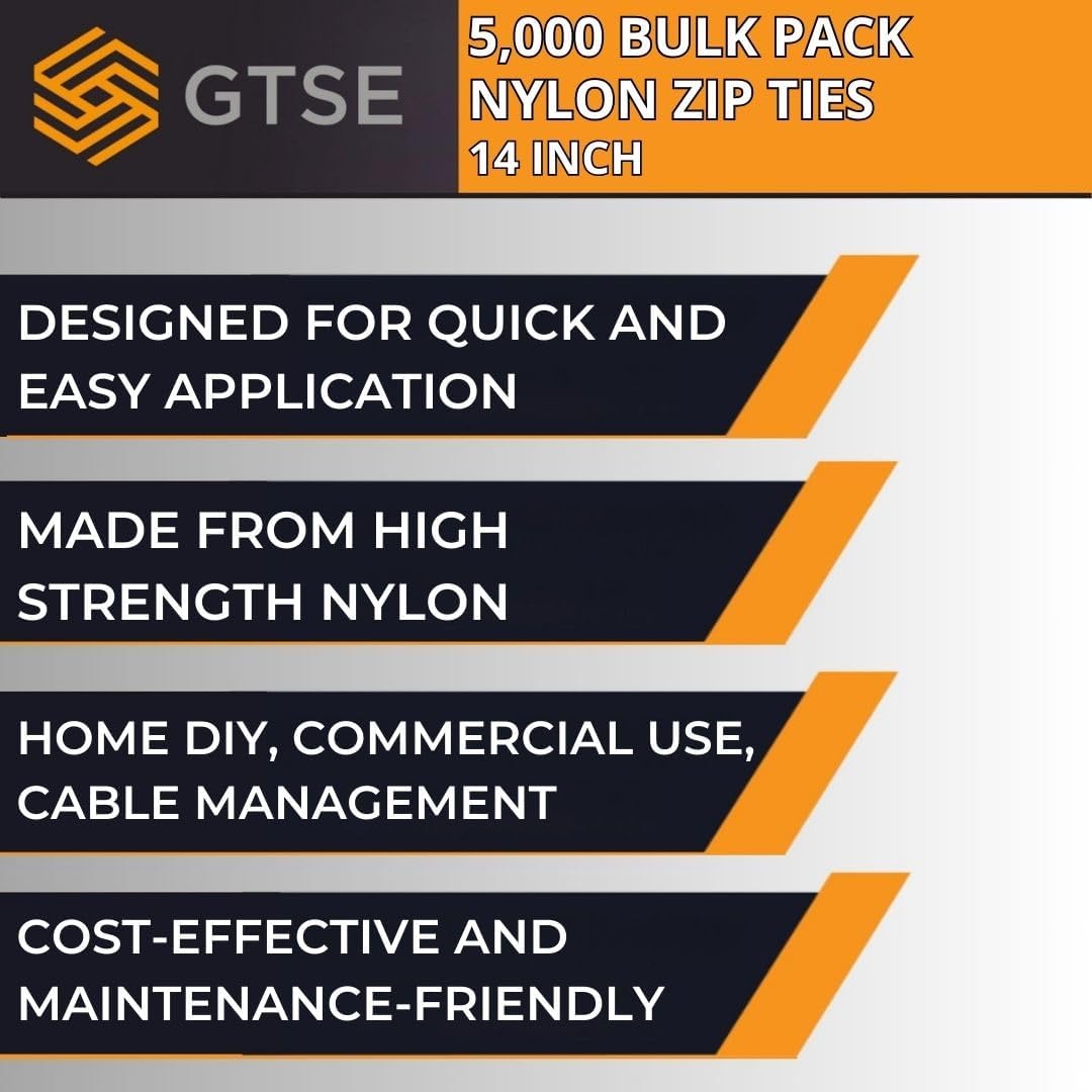 GTSE 14 Inch Silver/Gray Zip Ties  5 000 Bulk Pack  50lb Strength  UV Resistant Long Nylon Grey Cable Ties  Self-Locking 14" Tie Wraps