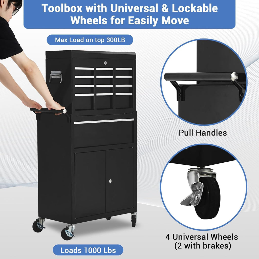 5 Drawer Rolling Tool Chest with Wheels, 2-in-1 Detachable Tool Box and Cabinet, Lockable Metal Storage Organizer, Mobile Toolbox for Garage Workshop Home, Black&Red