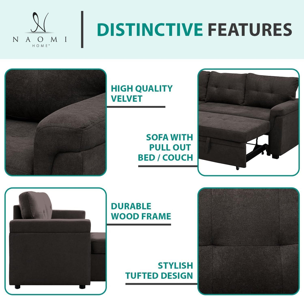 Multifunctional Sectional Sofa with Pull-Out Sleeper Bed & Hidden Storage – Reversible Chaise Espresso,Velvet – Space-Saving, Durable, Stylish & Easy DIY Assembly for Apartments & Small Homes