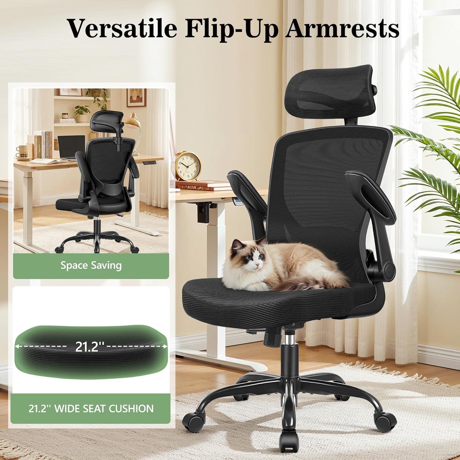 BESTFAIR Office Chair Ergonomic Desk Chair, Breathable Mesh Office Chairs with Adjustable Lumbar Support, Flip-Up Arms, Computer Desk Chair Comfy for Home Office, Black