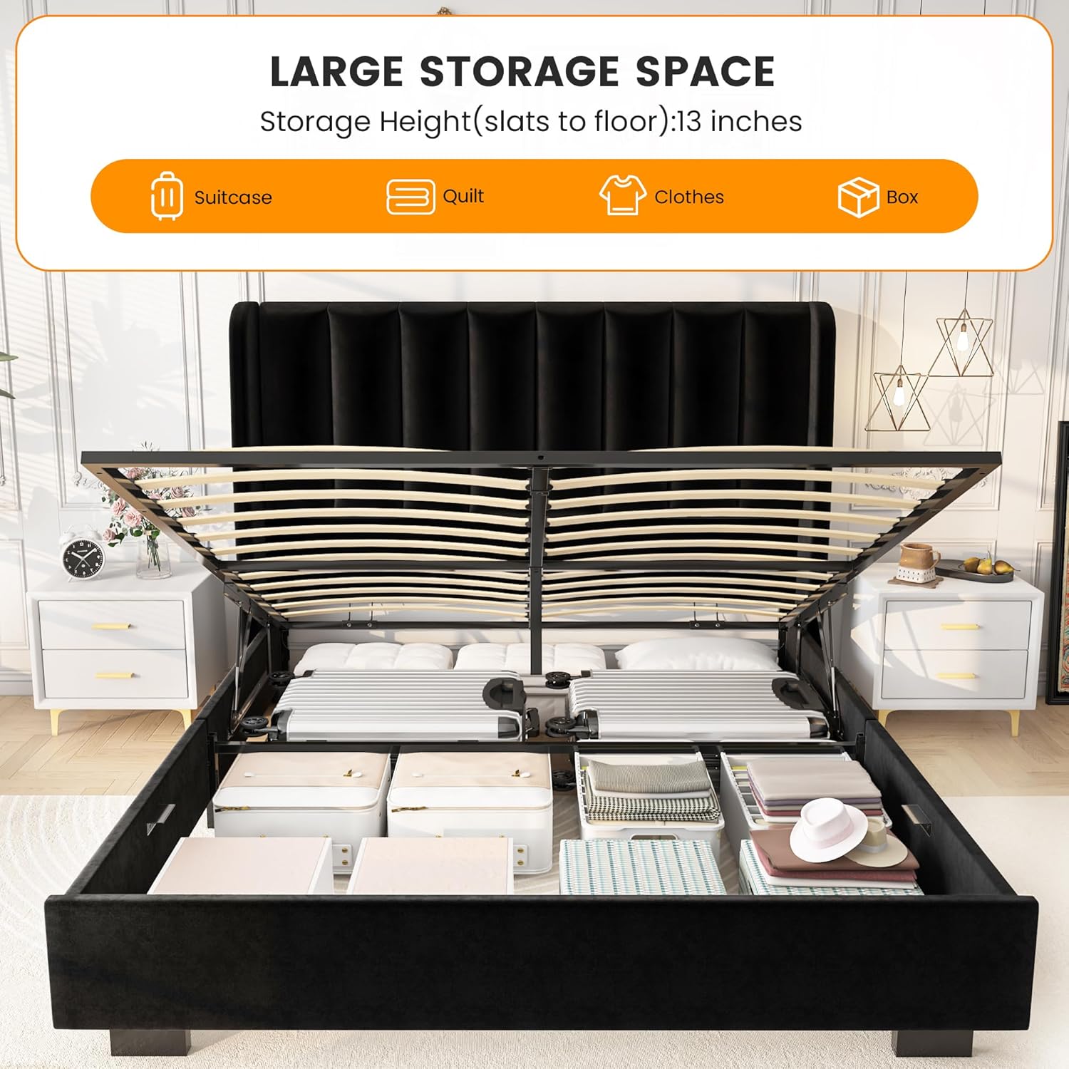 51" Tall Headboard Lift Up Bed Frame, Queen Size Bed Frame with Storage Underneath, Velvet Wingback Design, No Box Spring Required, Wood Slats Support, Noise-Free Bed (Queen,Black)