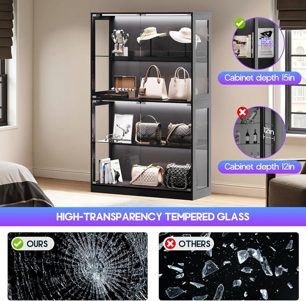 AMERLIFE RGB Display Cabinet with Adjustable Glass Shelves, 4-Tier Storage Case with LED Lights & Press-to-Open Doors, Modern Display Shelf for Collectibles, Black 70" H×45" L×16" D