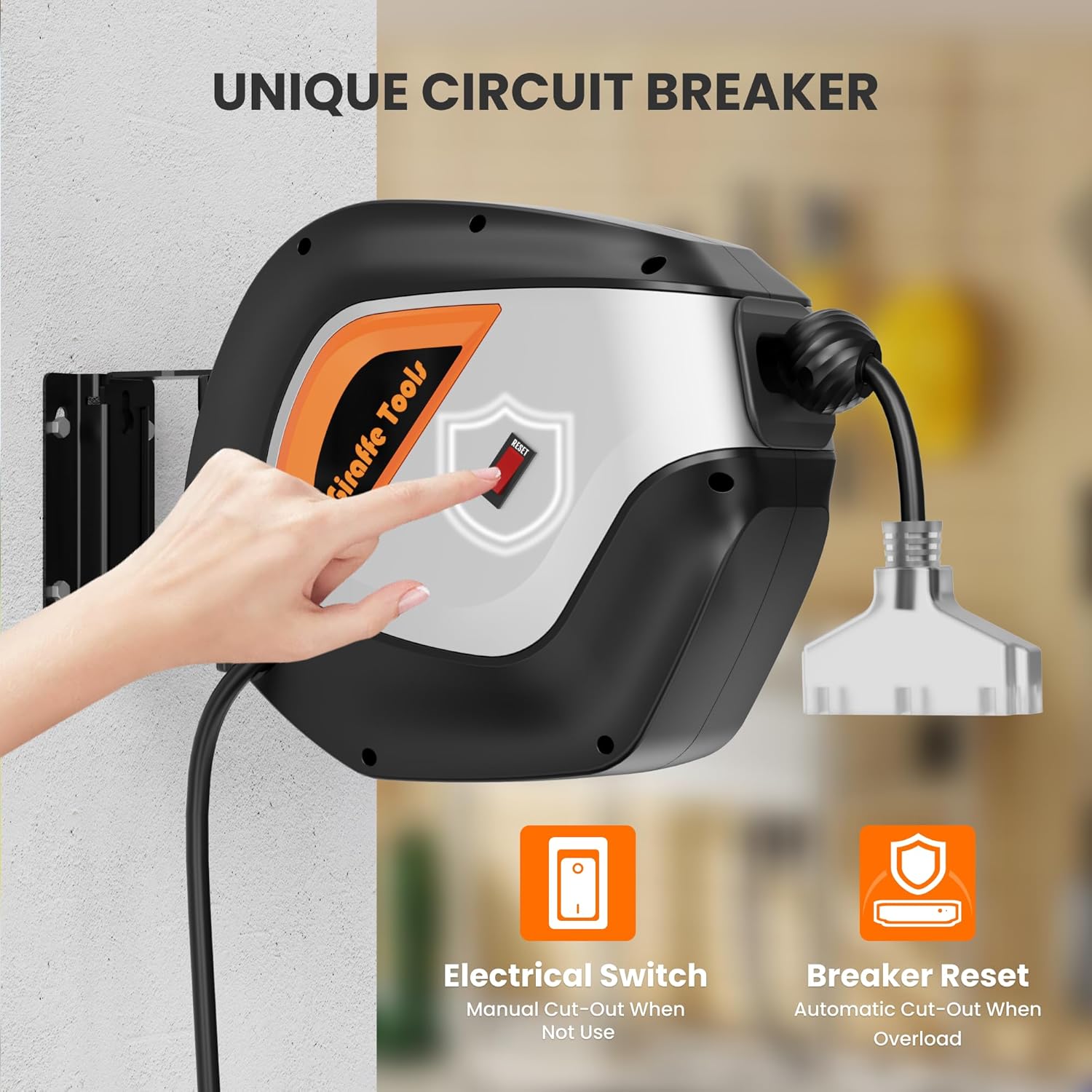 Giraffe Tools DE14 Retractable Extension Cord Reel 50 ft 14/3AWG Power Cord Storage Reel Wall/Ceiling Mount, Lighted Triple Tap Outlet, 50ft, Black Orange