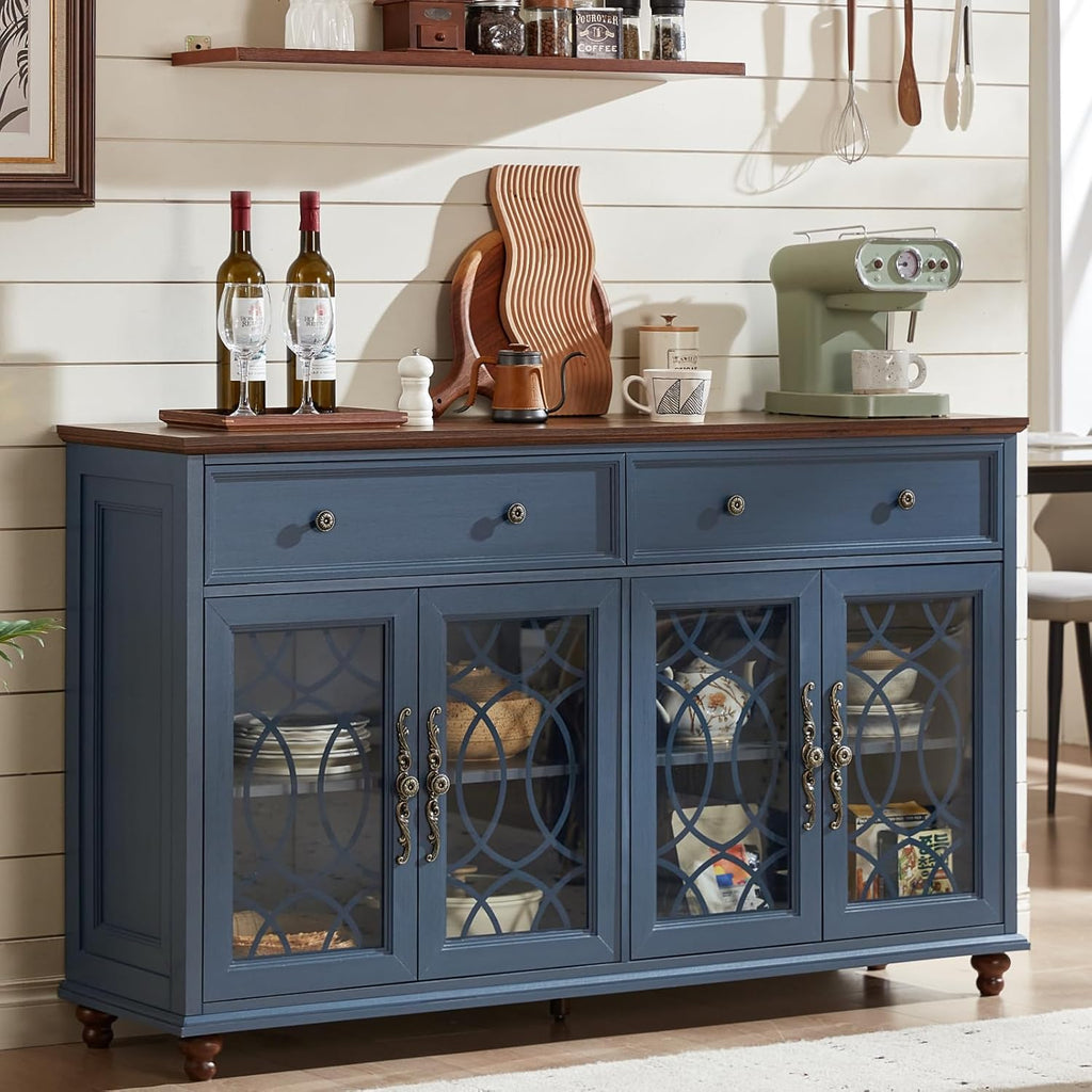 Joaxswe Farmhouse Sideboard Buffet Cabinet with Storage,59" Large Credenza with 4 Glass Doors & 2 Drawers,Adjustable Shelves Console Table,Wood Kitchen Coffee Bar for Dining Room,Living Room,Navy Blue
