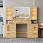 Fluted Makeup Vanity Desk with Mirror and Lights, 55" Glass Top Vanity with 8 Drawers & 4 RGB Glass Cabinets, Adjustable Shelves & Power Outlet, Modern Dressing Table Set for Women Girls Bedroom