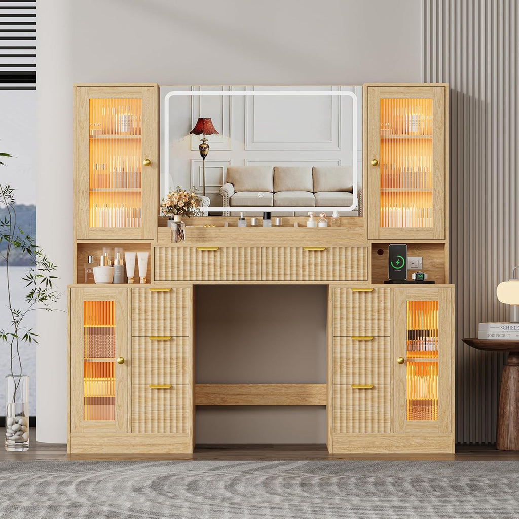 Fluted Makeup Vanity Desk with Mirror and Lights, 55" Glass Top Vanity with 8 Drawers & 4 RGB Glass Cabinets, Adjustable Shelves & Power Outlet, Modern Dressing Table Set for Women Girls Bedroom