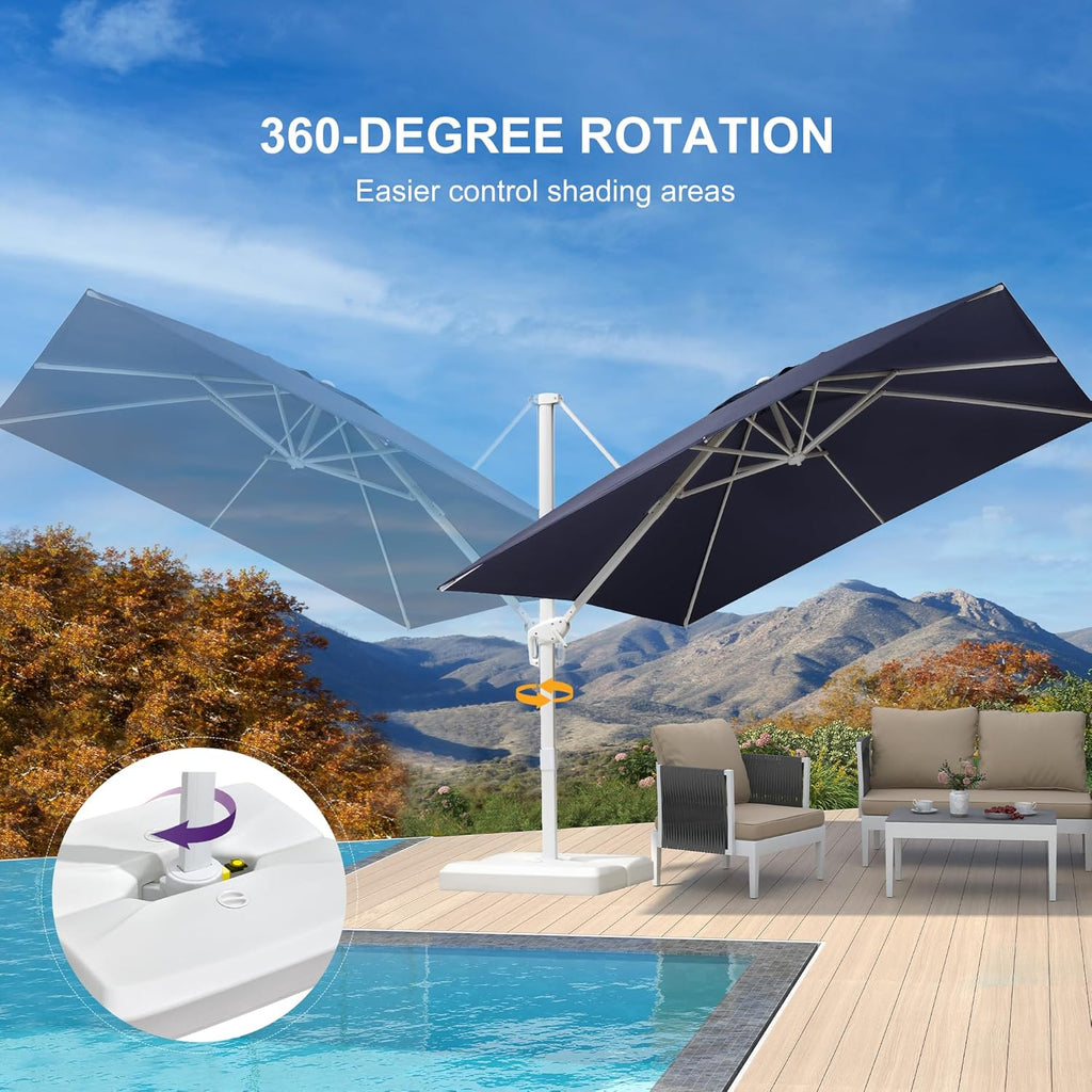 PURPLE LEAF 10 FT Patio Umbrella With Base White Cantilever Umbrella Square Outdoor Offset Umbrella Windproof with 360° Rotation for Garden Deck Pool, Navy Blue