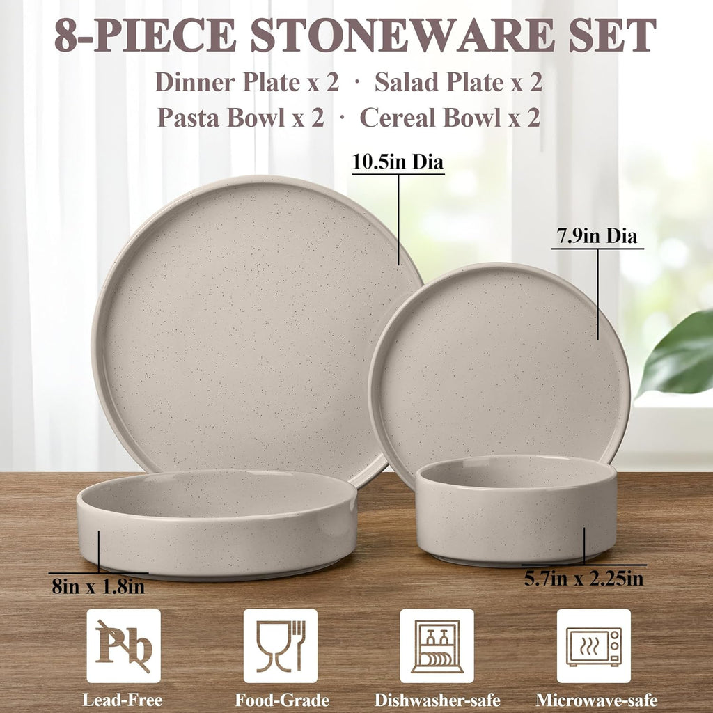 Herogo 8 Piece Plates and Bowls Set, Ceramic Dinnerware Sets with Pasta Bowls, Kitchen Dinner Ware Dishes Service for 2, Chip & Scratch Resistant Dishware, Speckled Coffee Brown