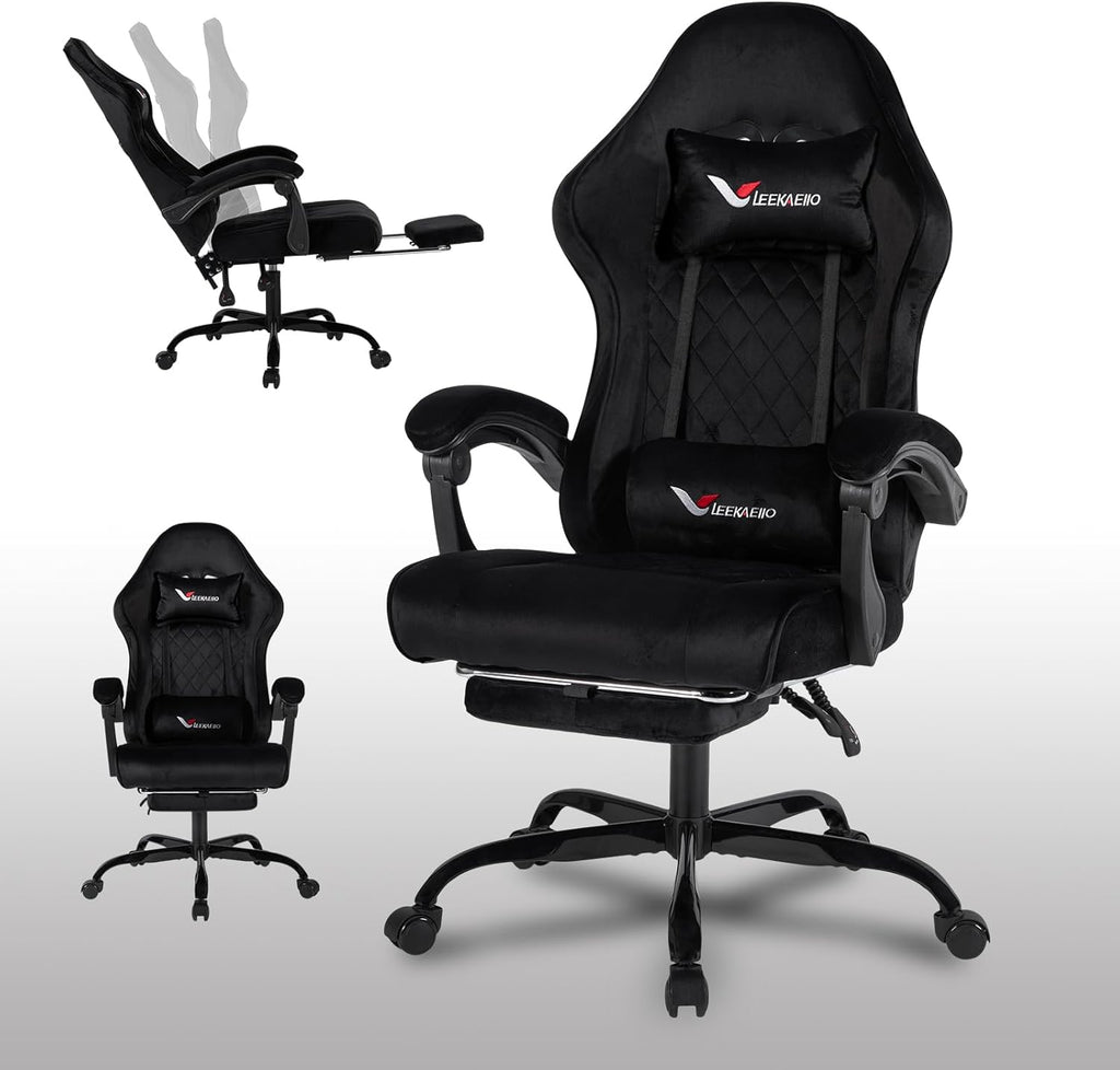 Velvet Gaming Chair for Adults with Pocket Spring Cushion Seat,Soft Gaming Chair Fabric with Extendable Footrest, Swivel Recliner with Ergonomic Lumbar Support and Headrest for Home/Office(Black)