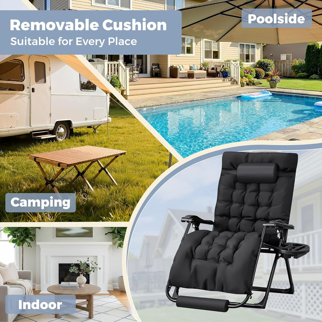Homall Oversized Zero Gravity Chair, 32In Recliner Lounge Chair with Removable Soft Cushion and Cup Holder, Adjustable Anti Gravity Chair Folding Patio Chairs Padded for Indoor and Outdoor (Black)