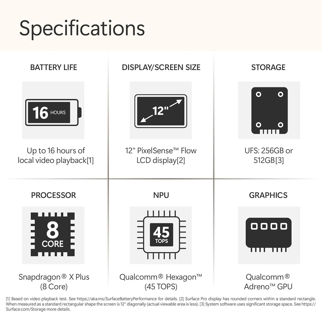 Microsoft Surface Pro 2-in-1 Laptop/Tablet (2025)  Windows 11 Copilot+ PC  12" Touchscreen Display  Snapdragon X Plus (8 Core)  16GB RAM  256GB Storage  Platinum