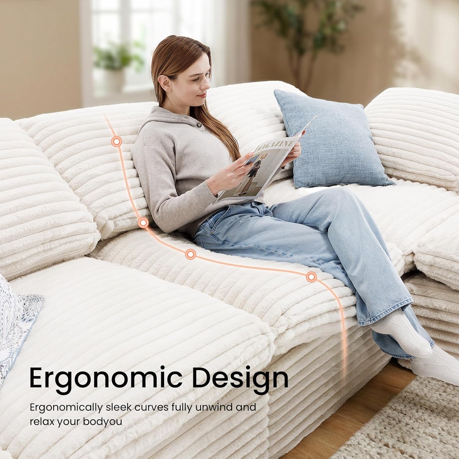 KKL 150" U Shaped Sectional Modular Boneless Sofa, 6 Seater Cloud Couch with Ottoman, Corduroy Sectional Couches for Living Room Bedroom, Beige