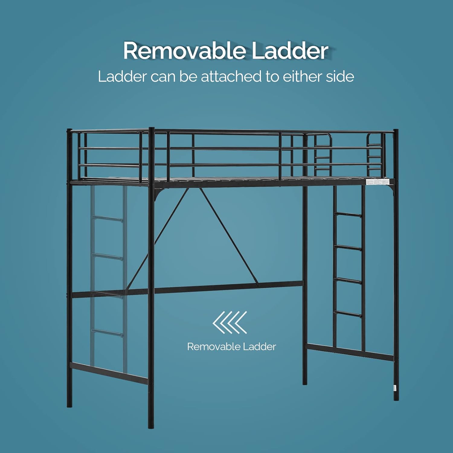 VINGLI 71 Inches Tall Loft Bed Twin Size with Flat Ladder Rung for Kids Teens Adults Heavy Duty Metal Single Bunk Bed Loft with Safety Guard Rails for Small Space, Black
