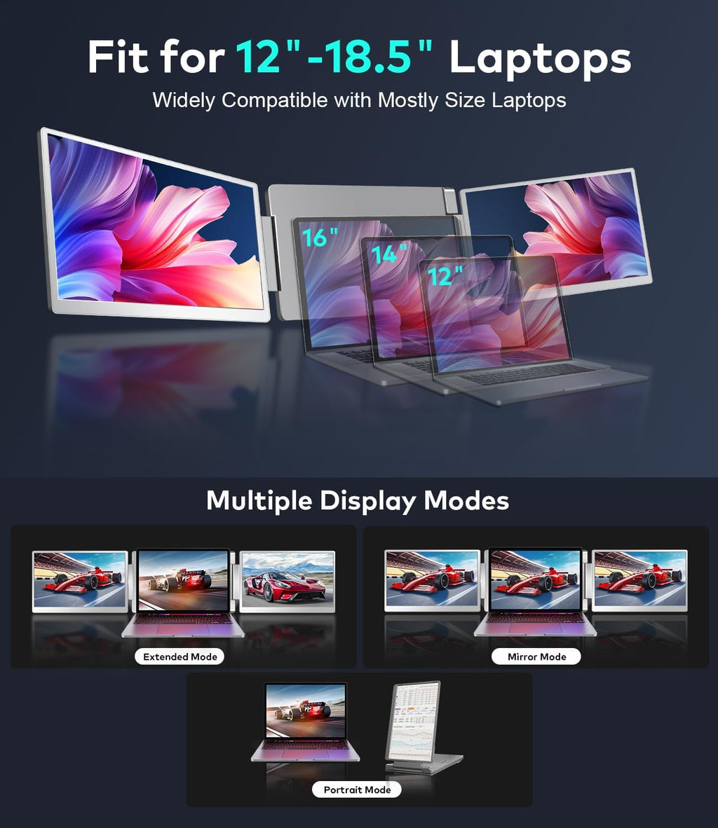 15.6" Laptop Screen Extender  Left Screen 360° Flip Triple Screen Monitor Extender  FHD 1080P IPS Portable Travel Monitor Display  fit for 12–18.5" Laptops  Compatible with Windows and MacBook-S10